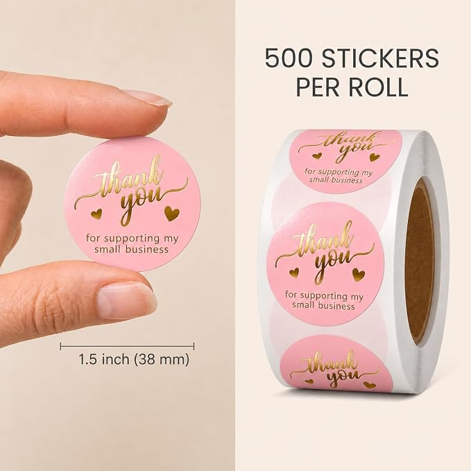 Pink Thank You Stickers Gold Foil – 500 Waterproof 1.5” Round Labels for Small Business Packaging, Custom Thank You Labels for Envelopes, Gift Bags, Boxes, Cards & Orders