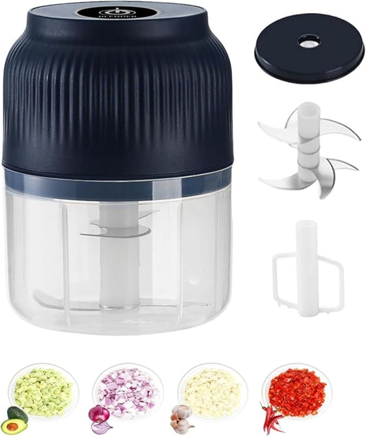 Household Electric Garlic Crusher - 350ML Portable Mini Food Processor, Rechargeable Vegetable Chopper, with 6 Stainless Steel Blades, for Garlic, Onion, Ginger, Chili (4 Blades Blue with Egg Beater)
