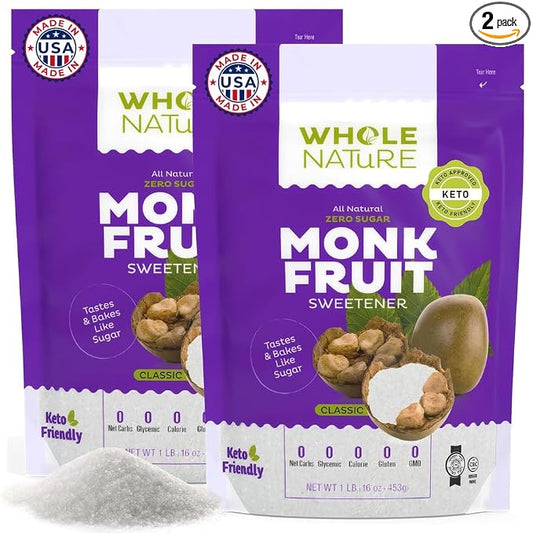 Whole Nature 100% Monk Fruit Sweetener With Erythritol Granulated - 2lb Pure Monkfruit Sweetener With Erythritol - Paleo & Keto Friendly Zero Calorie Sugar Substitute Healthy Sugar Alternative