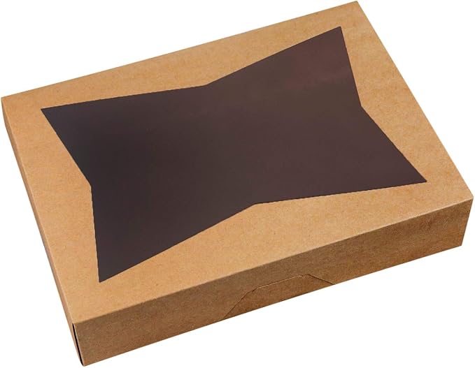 ONE MORE 14 x10 x 3inch Brown Paperboard Lock Corner Window Bakery Cookie Boxes, Large Container with PVC Windows for Pie and Cookie Box, Pack of 12