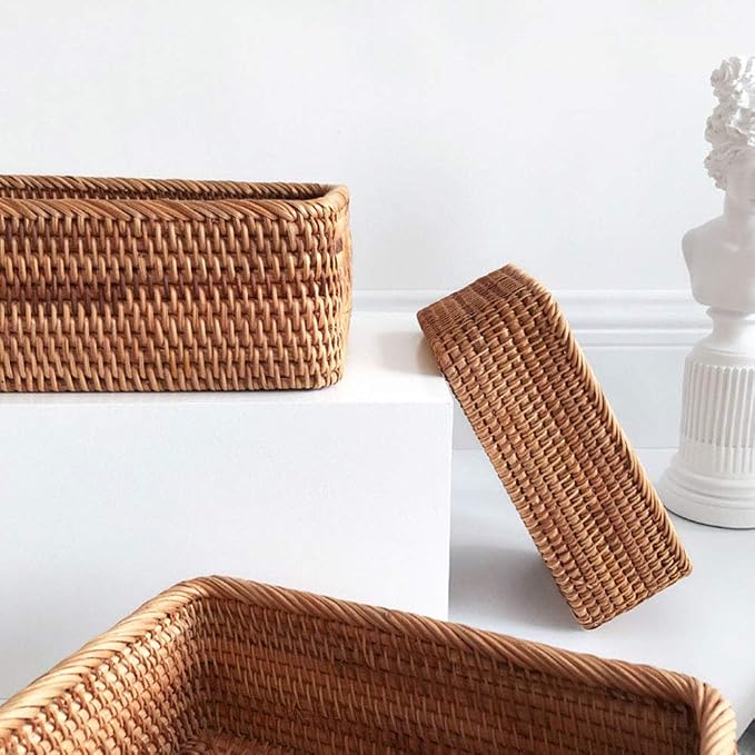 TITA-DONG Rattan Storage Baskets Rectangle Woven Bread Basket Rectangular Wicker Serving Organizer Tray Rattan Fruit Basket, Stackable Wicker Organizer for Kitchen Countertop Bathroom Living Room(M)