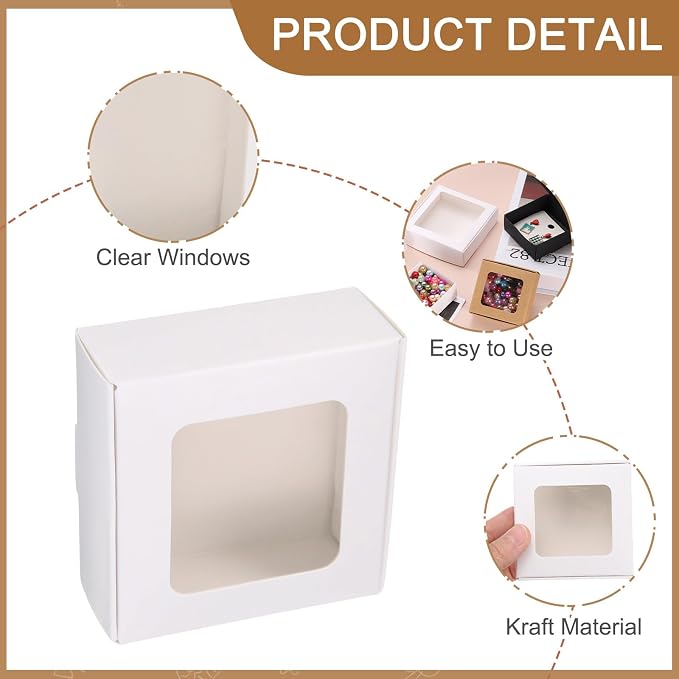 uxcell 60Pcs Kraft Soap Boxes, 3 x 3 x 1.2Inch Mini Kraft Treat Box with Clear Window for Candy Cookie Gift Party Festival Favor Treats Packaging (White)