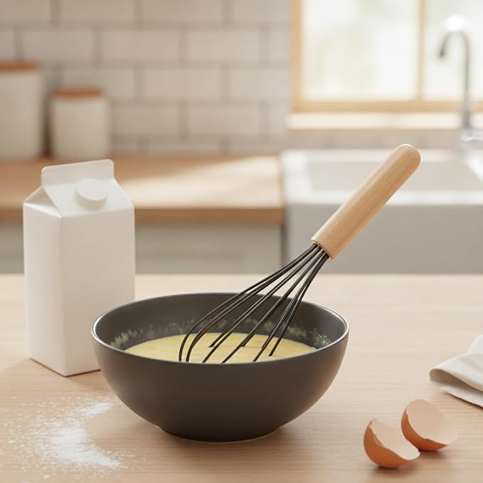 Easy-Use Manual Whisk with Silicone Head and Beech Wood Handle for Coated Cookware, 13-Inch Egg Beater