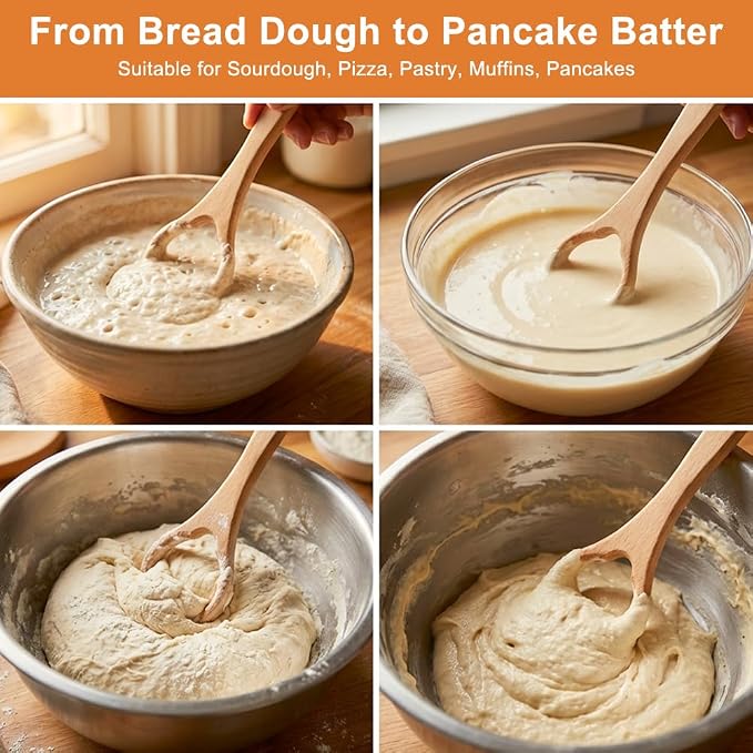 13-Inch Wooden Danish Dough Whisk with 2Pcs Scraper Set, Long Handle for Easy Mixing and Cleaning, Bread Whisking Tool for Baking Sourdough Bread, Pizza, Pastry and Cake Batters