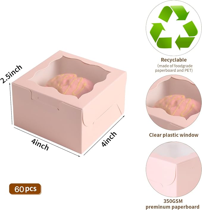 60pcs Pink Small Cake Box,4x4x2.5 Inch Bakery Boxes with Window,gift boxes bulk for Mini Cake Pastry Dessert Strawberries Chocolates Cupcakes with Stickers
