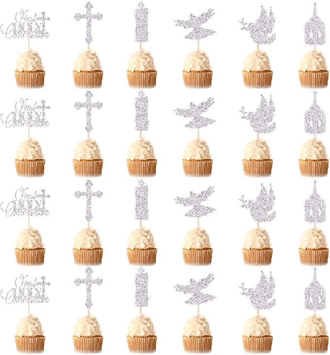 24 piece Silver glitters First Holy Communion Cupcake Toppers Glitter Dove Cross God Bless Cupcake Picks Christian Baby Baptism Theme Cake Decorations for Baby Shower Birthday Party