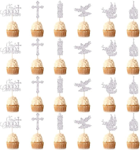 24 piece Silver glitters First Holy Communion Cupcake Toppers Glitter Dove Cross God Bless Cupcake Picks Christian Baby Baptism Theme Cake Decorations for Baby Shower Birthday Party