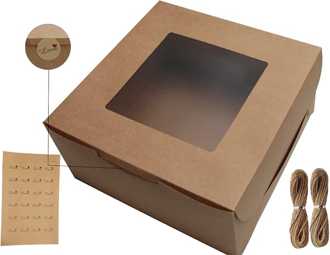 Kraft Bakery Boxes 10x10x5 Inch - 10Pack Window Gift Boxes | Includes twine & stickers. Sturdy kraft. For cookies, cupcakes, pastries, wedding favors, party treats & DIY