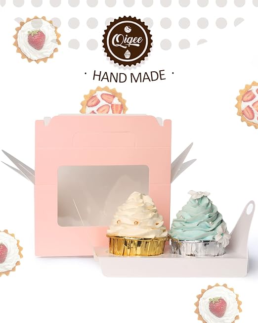 qiqee Pink Cupcake Box Two Holder 6.5x3.6x3.5inch(2.2" Top) 50pcs 2 Cupcake Boxes With Window