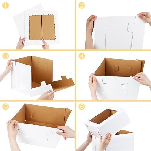 Moretoes 6 Pack 12x12x12 Inches Tall Cake Boxes with Boards for Tier Cakes, Thick Sturdy Bakery Box with Window for Valentine's Day, Mother's Day, Birthday, Wedding, Party