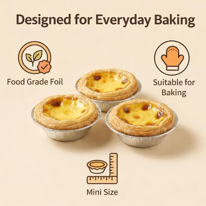 100 Pack Mini Tart Pans | 2.2" Small Disposable Aluminum Foil Tart Molds | Shallow Individual Baking Cups for Air Fryer & Oven | Tiny Pie Tins for Bite-Sized Egg Tarts, Dessert, Catering