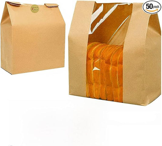 50 Pack Paper Bread Bags for Homemade Bread Large Loaf Bag with Clear Front Window 14" x 8.3" x 3.5" 100pcs Homemade with Love sticker, Food Packaging Storage Popcorn Cookie Treat Bakery Bag