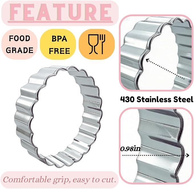 Round Cookie Cutter Set, 5 Pcs Wavy Edge Stainless Steel | Five round sizes with scalloped edges for cookies, biscuits, donuts, fondant, pastries and kitchen baking