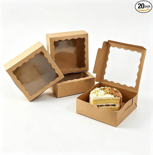 20 Pack Natural Kraft Paper Bakery Boxes with Clear PVC Window, 7x7x2.5 inch Pie & Cookie Boxes, Large Brown Containers for Pastries, Cupcakes, Cakes & Desserts