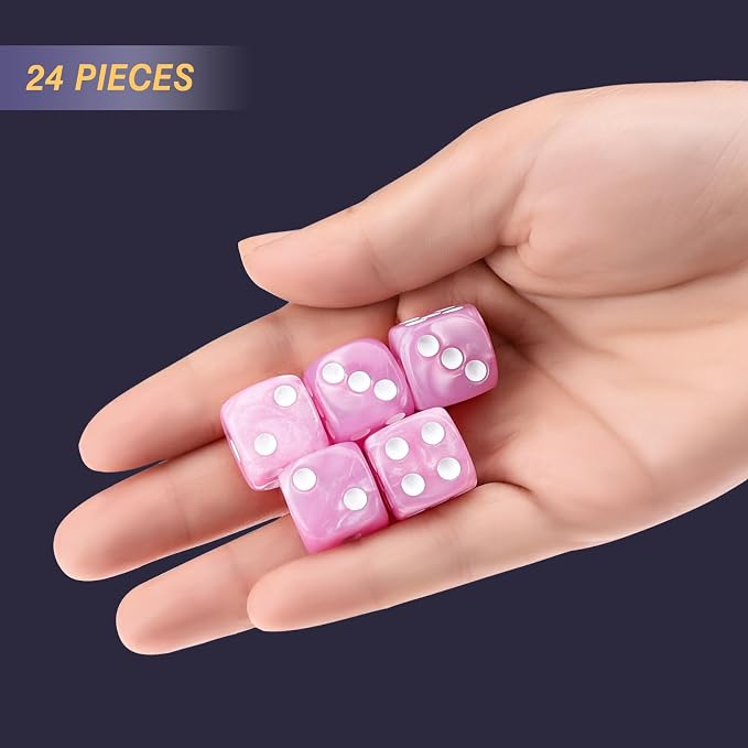 24 of Pack 16MM 6 Sided Dice Set,Pearl Pattern D6 Game Dice Set, 6 Sided Standard Dices for Yahtzee, Bunco or Teaching Math,with Portable Dice Pouch(Light Purple Pearl)