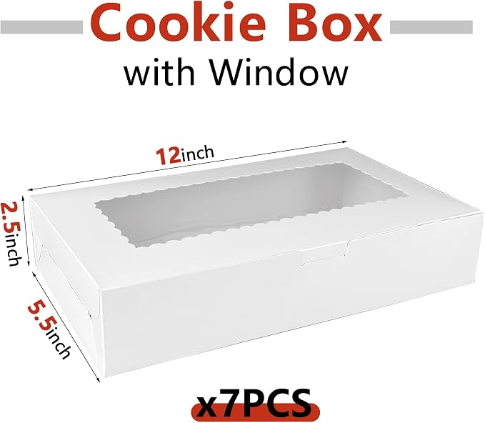 MUMULULU White Bakery Boxes with Window Cookie Boxes Treat Boxes for Desserts Cupcakes Muffins Donut Chocolate Strawberry (7PCS 12×5.5×2.5)