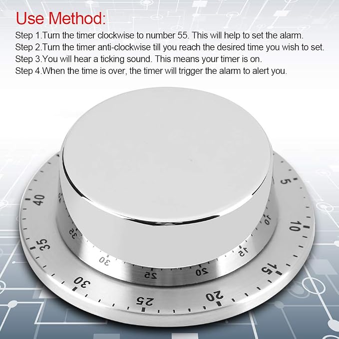 Kitchen Timer, Acogedor Mechanical 1-Hour Kitchen Timer, Stainless Steel Countdown Timer, Long Ring, Magnetic Kitchen Timer Clock for Cooking - Silver(Silver)