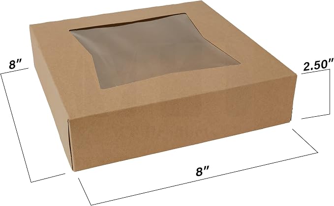 MT Products Kraft Cookie Box 8" x 8" x 2.5" - Auto Pop-Up Bakery Boxes with Window (Pack of 15) - Made in USA