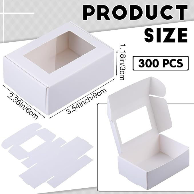 Zonon 300 Pcs Soap Boxes for Homemade Packaging, Mini Kraft Boxes with Window for Bakery Candy Soap Making Gift Packaging, 3.7x2.6x1.4 Inch (White)