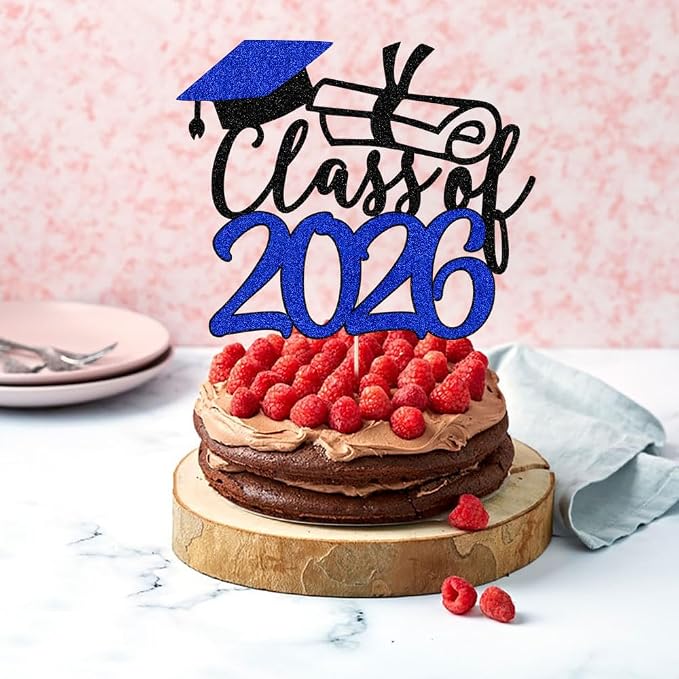 Gold Class of 2026 Congrats Grad Cake Topper Glitter Graduation Party Supplies - High School College Graduates -College Graduate Cake Topper Decorations (Class of 2026 Dark blue.)