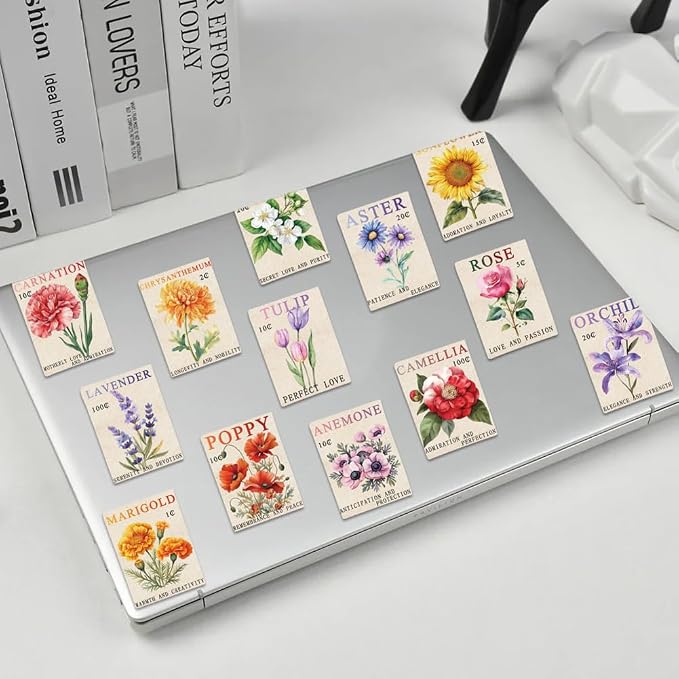 Vintage Flower Stamp Stickers,100pcs Aesthetic Retro Botanical Floral Decals Wildflower Junk Journal Scrapbook Stickers for Laptop Planner Notebook Crafts Cute Garden Flower Decor Sticker Gift