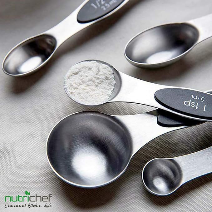 NutriChef 6-Piece Magnetic Measuring Spoon Set - Stainless Steel Stackable Dual Sided Nesting Teaspoon to Tablespoon For Dry & Liquid Ingredients, Stylish, Rustproof & Easy-to-Clean - Silver
