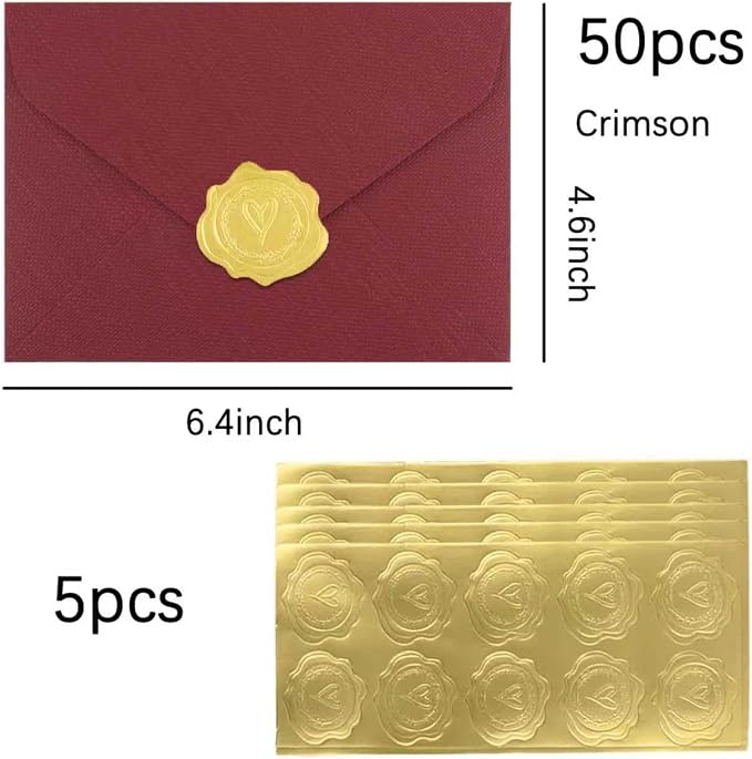 50 Pack 4x6 Crimson Linen Envelopes with Gold Wax Seals - Handmade Look A6 Vintage Envelopes & Self-Adhesive Seal Stickers for Greeting Cards, love letter, Wedding, Party Invitation