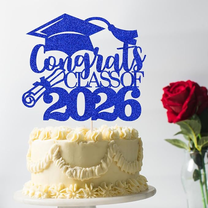 Congrats Class Of 2026 Cake Topper, Glitter Graduation Party Supplies - High School College Graduates -College Graduate Cake Topper Decorations Supplies(Congrats Class Of 2026 Dark blue)