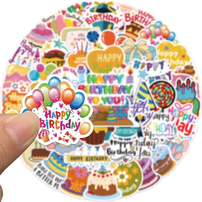 Cute Happy Birthday Stickers for Kids Teens Adults Girls, 50Pcs Kawaii Funimost Vinyl Waterproof Stickers Pack for Water Bottle Laptop Scrapbook, Birthday Gift Decals, Party Supplies
