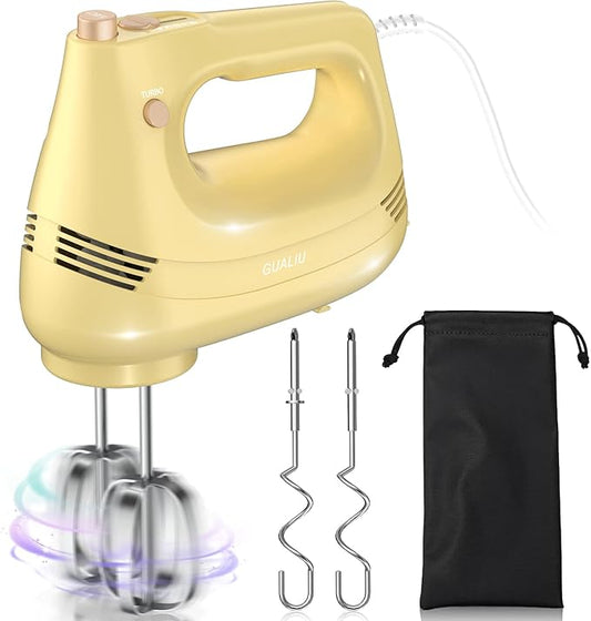 GUALIU Electric Hand Mixer with Stainless Steel Whisk, Dough Hook Attachment and Storage Bag, Handheld Mixer for Baking Cakes, Eggs, Cream Food Mixers. Turbo Boost /5 Speed Kitchen Blender Yellow