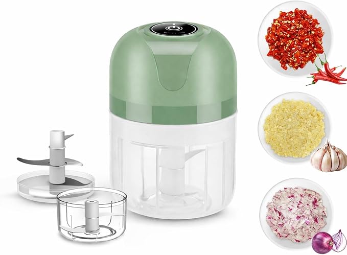 TaiWaggers Mini Electric Garlic Chopper, Dual-Cup Electric Mini Garlic Chopper,Portable Wireless Food Processor for Vegetables, Onion, Ginger, Chili, Meat – Rechargeable, Splash-Proof（Light Green）