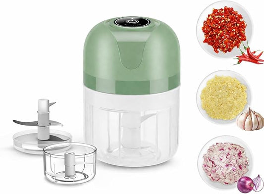 TaiWaggers Mini Electric Garlic Chopper, Dual-Cup Electric Mini Garlic Chopper,Portable Wireless Food Processor for Vegetables, Onion, Ginger, Chili, Meat – Rechargeable, Splash-Proof（Light Green）