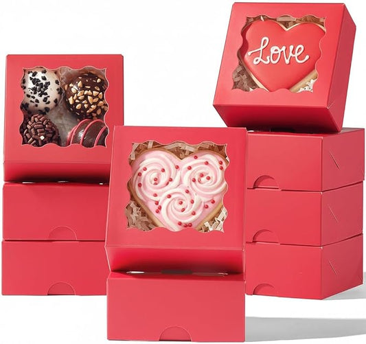 50PCS 3.25x3.25x1.5 inches Red Small Bakery Boxes with Window - Cookie Macaron Mini Cake & Truffle Gift Boxes for Christmas Gifts Birthday Wedding Valentine's Day Party Favors