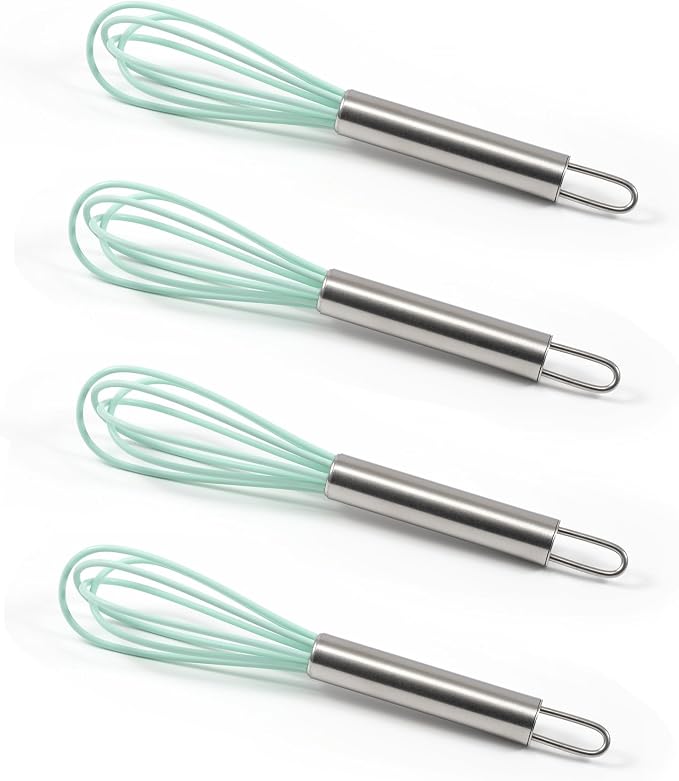 Mini Whisks 6 inch 4Pcs silica gel stainless steel Whisk, Hand Egg Mixer for Flour Cake Egg, Kitchen Cooking Baking Use Whisk (cyan)