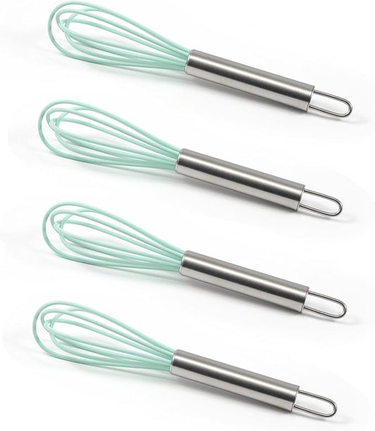 Mini Whisks 6 inch 4Pcs silica gel stainless steel Whisk, Hand Egg Mixer for Flour Cake Egg, Kitchen Cooking Baking Use Whisk (cyan)