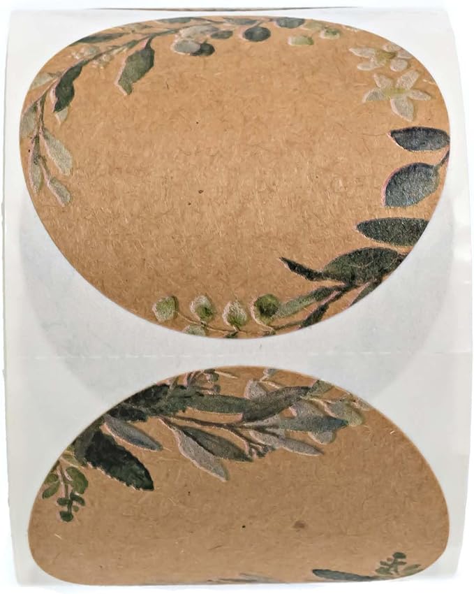 Brown Kraft Greenery Border Stickers / 500 Canning Labels / 2" Round Jar Sticker / 6 Floral Foliage Designs with Writing Space/Made in The USA
