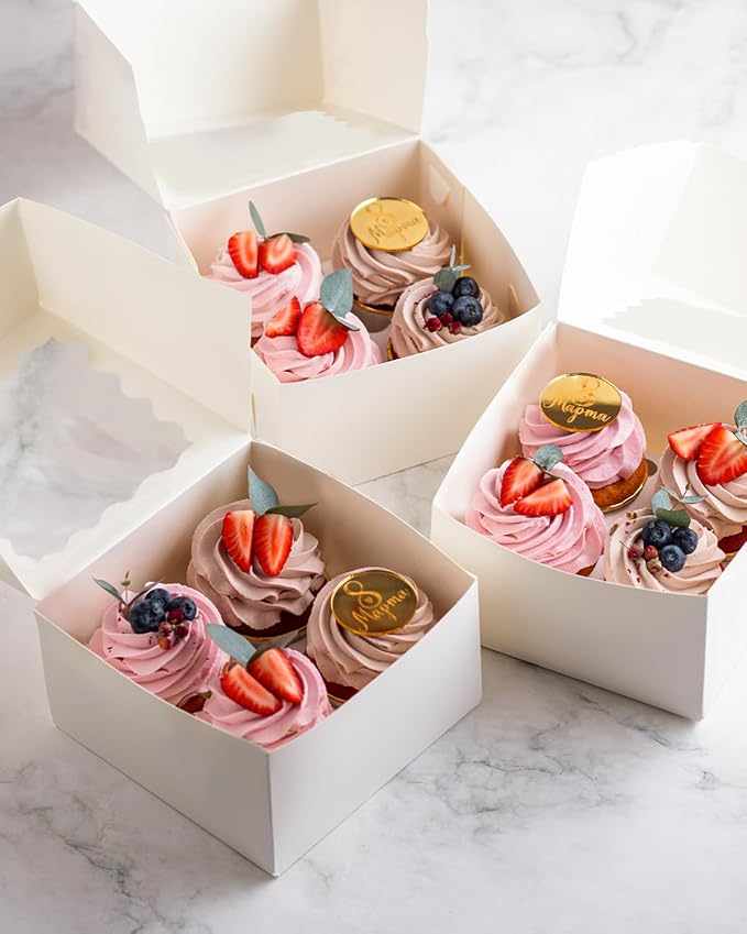 Bakepacker Auto-pop up 4 Cupcake Boxes with Window 20 Count White Box 6.3 x 6.3 x 3inch Cupcake Carrier