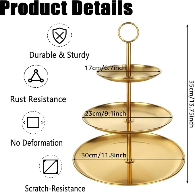 QTLCOHD 2 Pcs 3 Tier Stainless Steel Cupcake Stand | Gold Tiered Dessert Stand for Wedding & Birthday Party