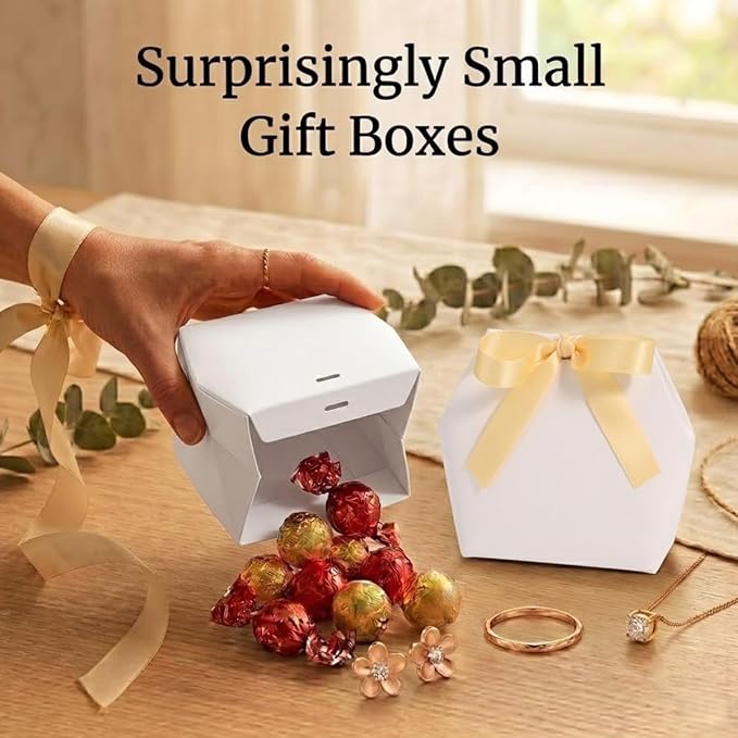 Rowcay Small Gift Boxes with Ribbons, 10 Pack White Foldable Empty Gift Boxes for Wedding Party Favors, Cookies, Candy, Jewelry, Small Presents, Gift Packaging and Favor Displays