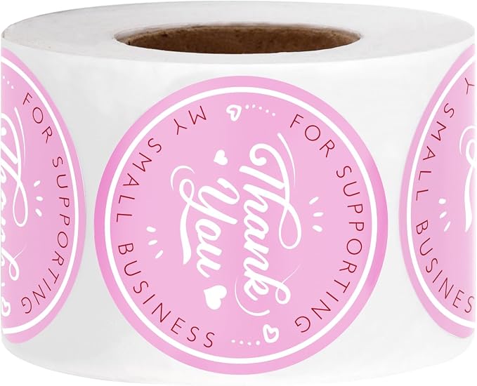 WRAPAHOLIC 2 Inch 500 Total Business Stickers Roll - Pink Small Business Text Design, Thank You Lables, Shipping Stickers for Party Decorations