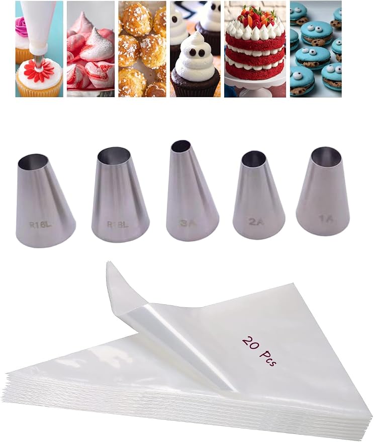 Large Round Piping Tips Set with 20 Disposable Bags – Includes #1A, 2A, 3A, R16L, R18L Icing Tip for Macarons, Cupcakes, Swirls & Cake Filling