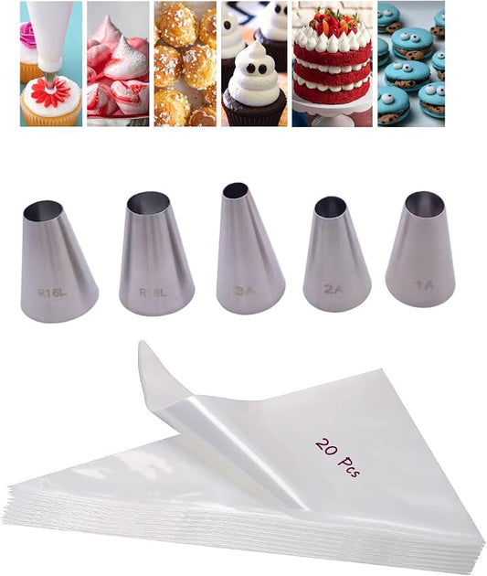 Large Round Piping Tips Set with 20 Disposable Bags – Includes #1A, 2A, 3A, R16L, R18L Icing Tip for Macarons, Cupcakes, Swirls & Cake Filling