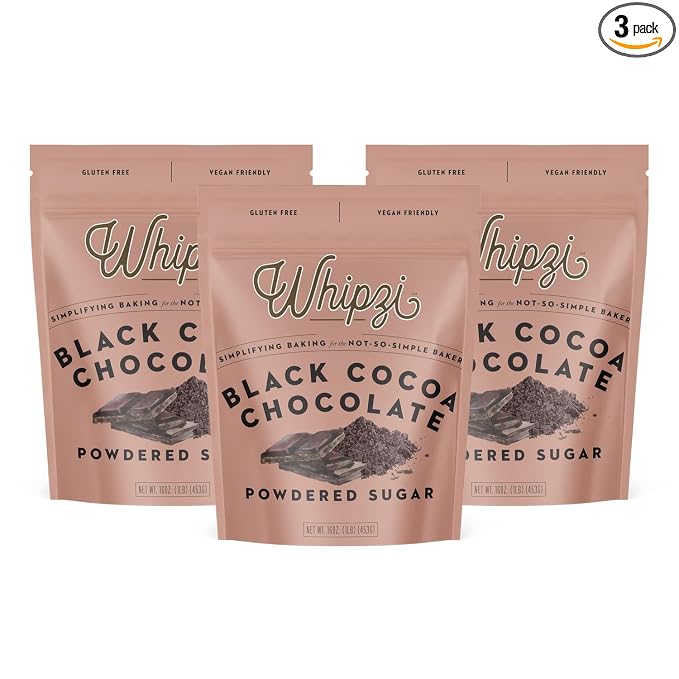 Whipzi Black Cocoa Flavored Powdered Sugar - Confectioners Sugar for Baking, Frosting, Royal Icing, Glazes, Coffee & Desserts - 1:1 Powdered Sugar Replacement, Gluten Free, Vegan Baking Sugar - 3 Pack