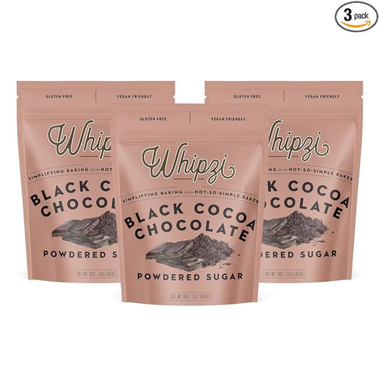 Whipzi Black Cocoa Flavored Powdered Sugar - Confectioners Sugar for Baking, Frosting, Royal Icing, Glazes, Coffee & Desserts - 1:1 Powdered Sugar Replacement, Gluten Free, Vegan Baking Sugar - 3 Pack