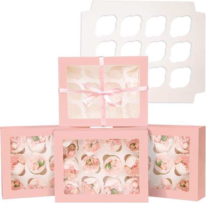 Bakepacker 12 Cupcake Containers 10-Packs Pink Cupcake Box Cupcakes Carrier, 12 Cupcake Boxes with Window 13"x10"x3.5"（Auto-pop up）