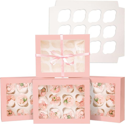Bakepacker 12 Cupcake Containers 10-Packs Pink Cupcake Box Cupcakes Carrier, 12 Cupcake Boxes with Window 13"x10"x3.5"（Auto-pop up）