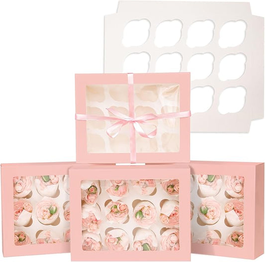Bakepacker 12 Cupcake Containers 20-Packs Pink Cupcake Box Cupcakes Carrier, 12 Cupcake Boxes with Window 13"x10"x3.5"（Auto-pop up）