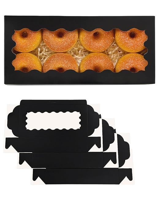 qiqee 50 Packs Black Cookie Box with Window 12x5.5x2.5 Inch Two Uses Pastry Biscuit Bakery Box For Packaging