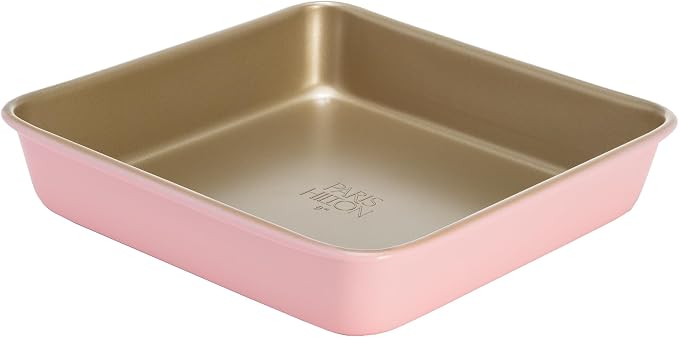 Paris Hilton Nonstick Carbon Steel Bakeware Collection, 9-Inch Square Cake Pan, Dishwasher Safe, Made without PFOA and PFAS, Pink Champagne Two-Tone