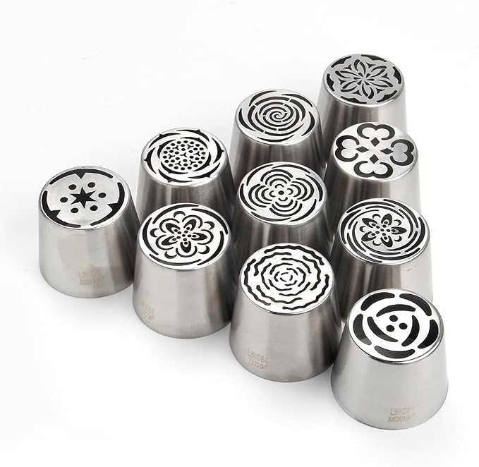 10 Pieces Extra Large Stainless Steel Seamless Russian Piping Tips Set,Flower Icing Nozzles with 1 Cleaning Brush,1 Reusable Pastry Bag for Making Marshmallows,Cupcakes Bouquet,Pastry Baking Tools